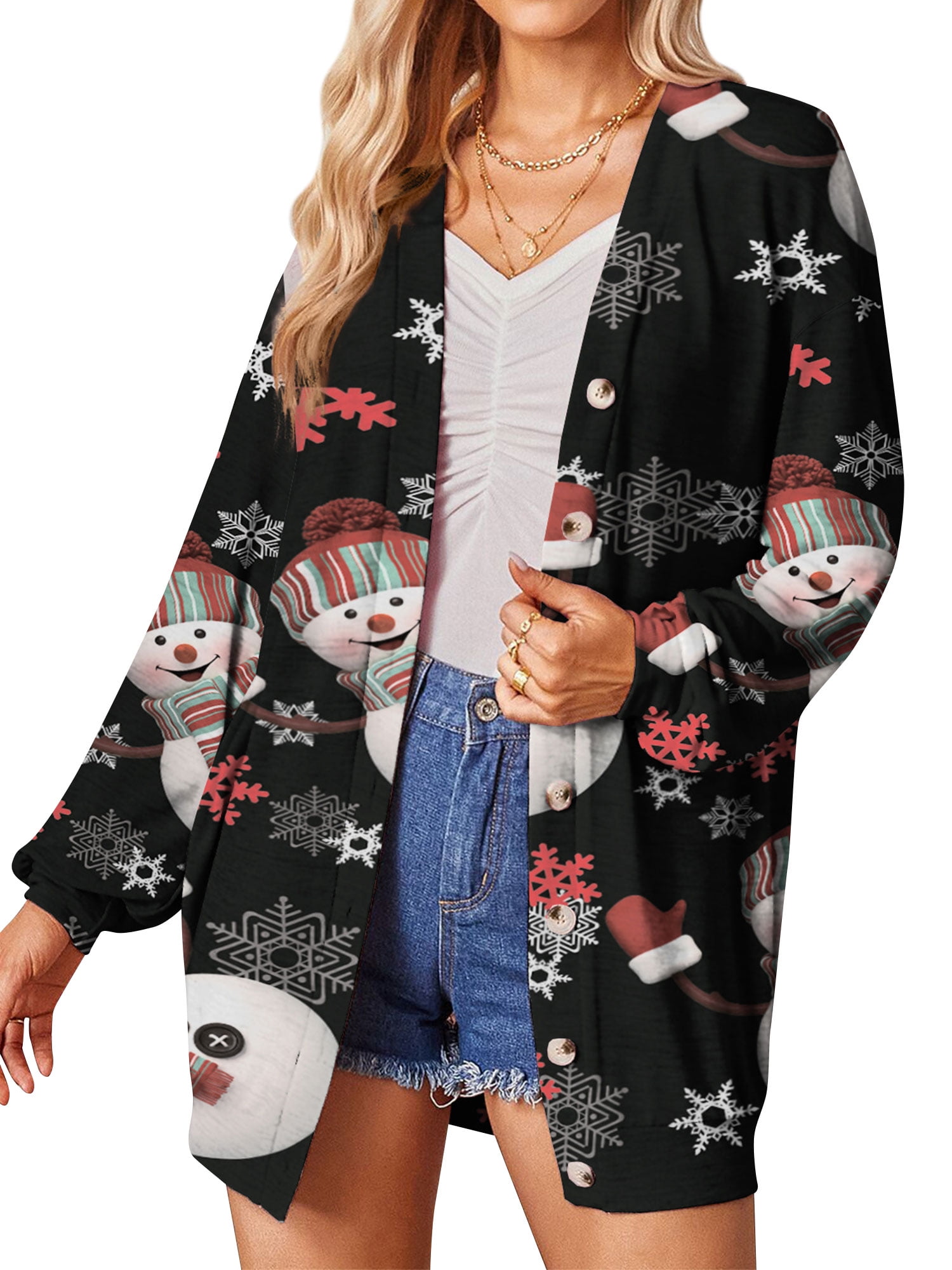 ZXSXSY Women Christmas Print Long Sleeve Buttons Down Open