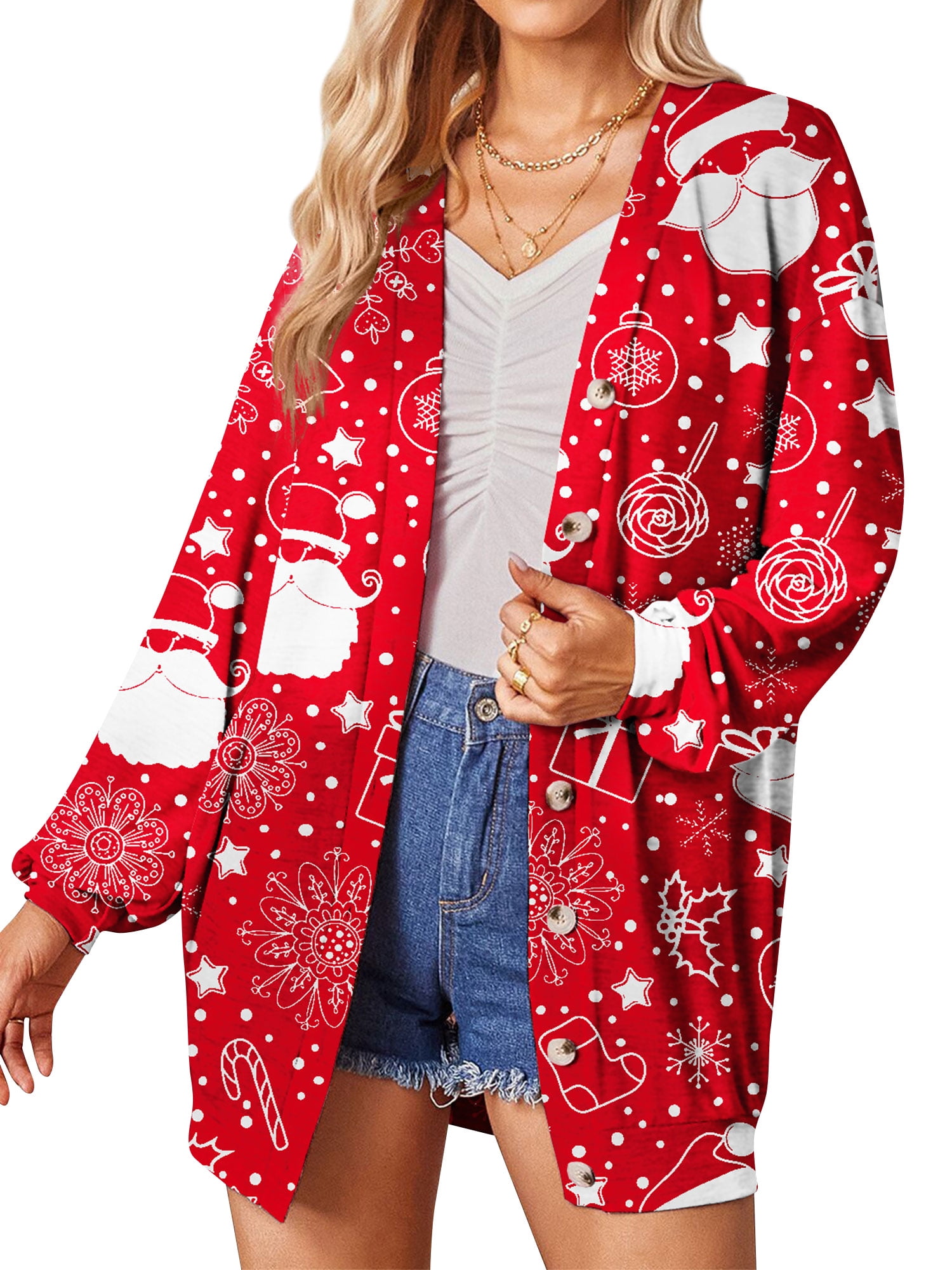 ZXSXSY Women Christmas Print Long Sleeve Buttons Down Open