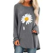ZXZY Women Chrysanthemum Printed Crew Neck Long Sleeve Summer Fall Shirt