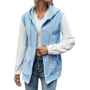 ZXZY Women Color Spliced Zipper Drawstring Long Sleeve Pocket Hoodie Jacket
