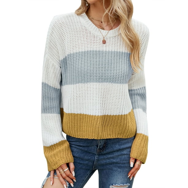 【オープニング大セール】 ZXSXSY Knitted Sleeve Long Neck Crew Stripe Colorblock Women レディースウェア