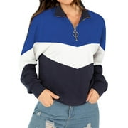 ZXZY Women Colorblock Zipper Up Stand Collar Long Sleeves Sweatshirt