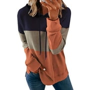 ZXZY Women Contrast Color Casual Drawstring Long Sleeves Hooded Shirt