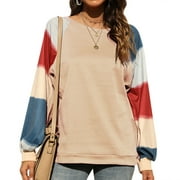 ZXZY Women Contrast Color Patchwork Crew Neck Long Sleeves Pullover