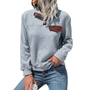ZXZY Women Contrast Color Zip Lapel Collar Buttons Long Sleeve Sweatshirt