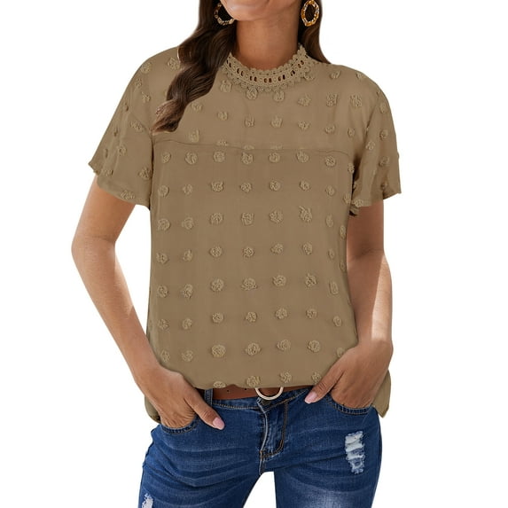 ZXSXSY Women Crochet Dots Cutout Short Sleeves Mock Neck Blouse Top