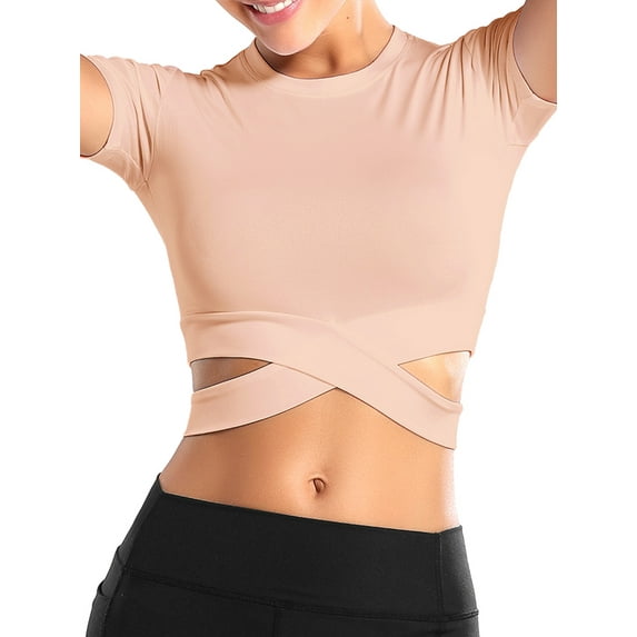 ZXSXSY Women Cross Bandage Workout Short Sleeves Crew Neck Crop Yoga Top