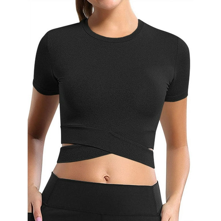 ZXSXSY Women Cross Bandage Workout Short Sleeves Crew Neck