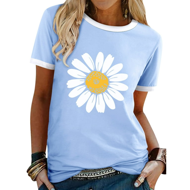 ZXZY Women Daisy Floral Print Round Neck Short Sleeve Contrast Color Top