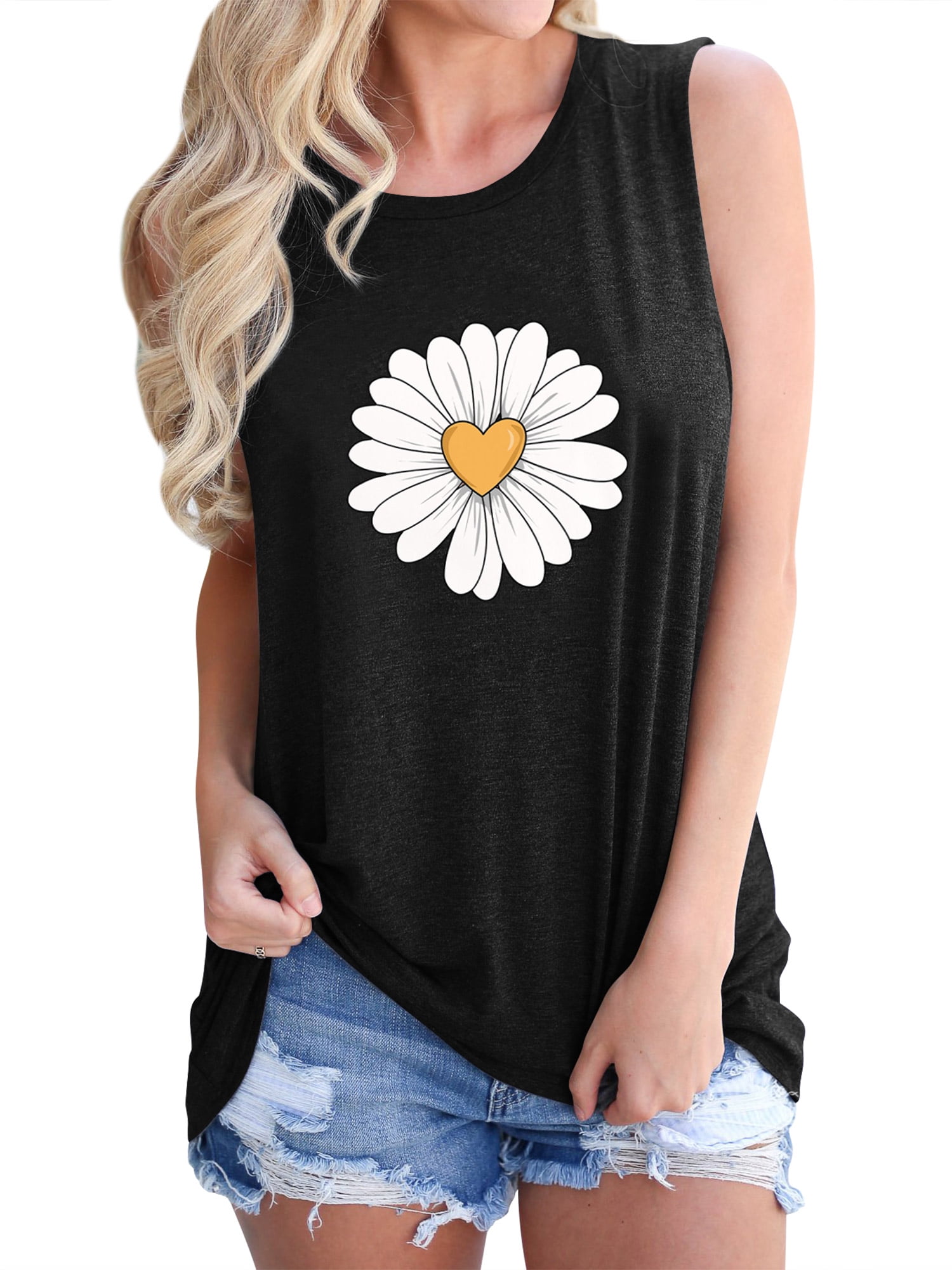 ZXSXSY Women Daisy Print Crew Neck Sleeveless Tank Top - Walmart.com