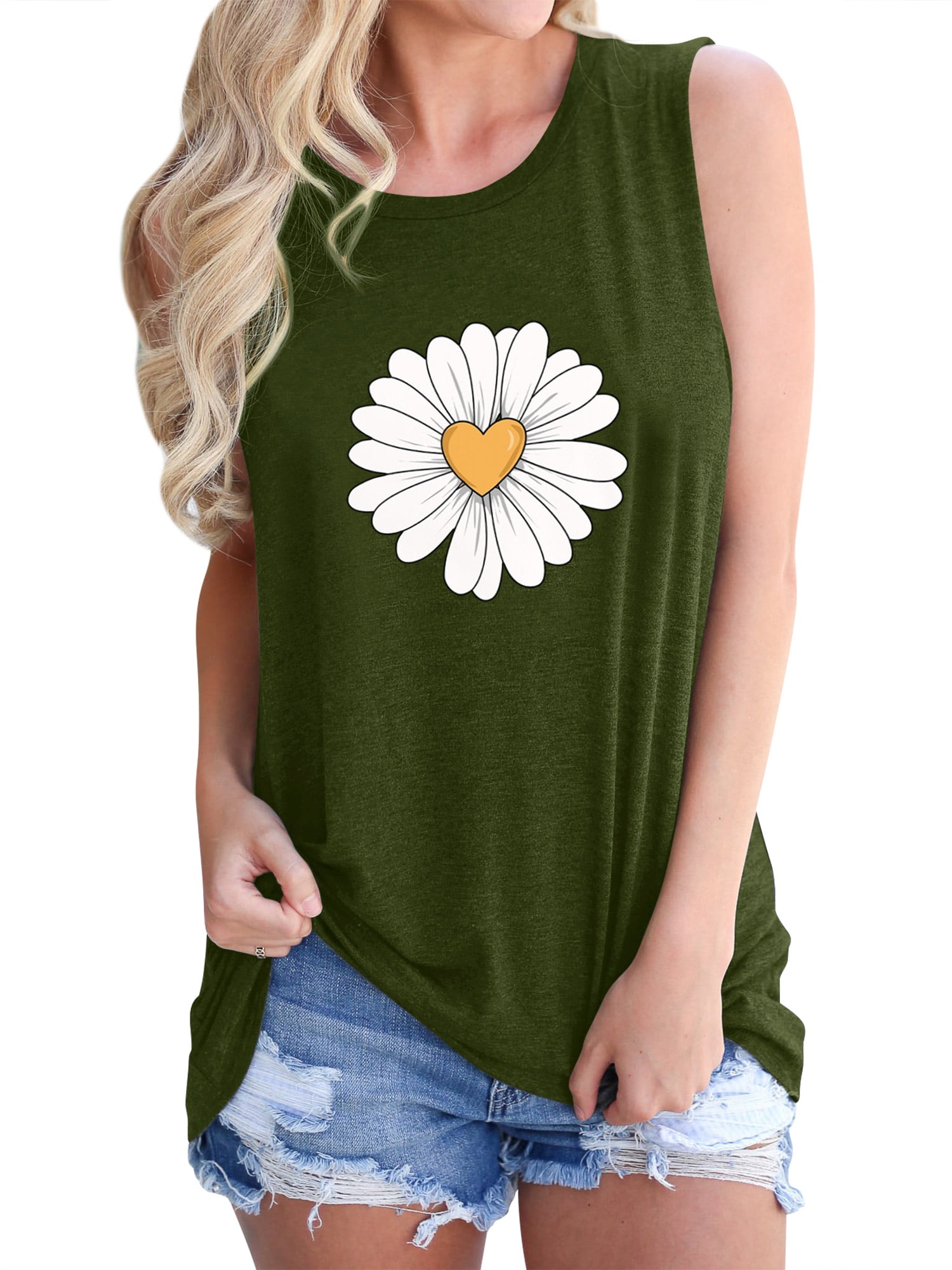 ★daisy★❤️ ZXSXSY Women Daisy Print Crew Neck Sleeveless Tank Top - Walmart.com