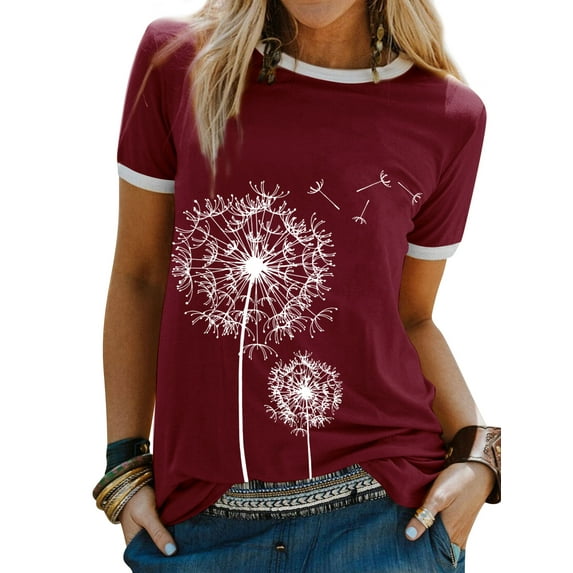 ZXSXSY Women Dandelion Floral Print Color Block Round Neck Short Sleeve Top