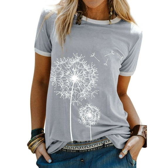 ZXSXSY Women Dandelion Floral Print Color Block Round Neck Short Sleeve Top