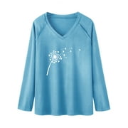 ZXZY Women Dandelion Heart Print V Neck Long Sleeve Pullover Top