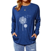 ZXZY Women Dandelion Printed Crew Neck Long Sleeves Shirt with Pockets
