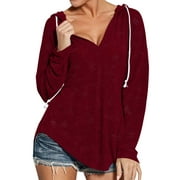 ZXZY Women Deep V Neck Drawstring Solid Color Pullover Hoodie