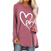 ZXZY Women Double Heart Printed Long Sleeves Crew Neck Casual Shirt