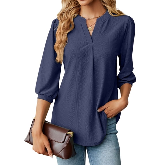 ZXSXSY Women Eyelet Crochet V Neck Lantern 3/4 Sleeves Scoop Hem Flowy Casual Dressy Blouse