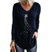 ZXZY Women Five-Pointed Star Print Christmas Print V Neck Long Sleeve Top