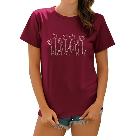 ZXSXSY Women Floral Graphic Print Short Sleeve Round Neck T-shirt