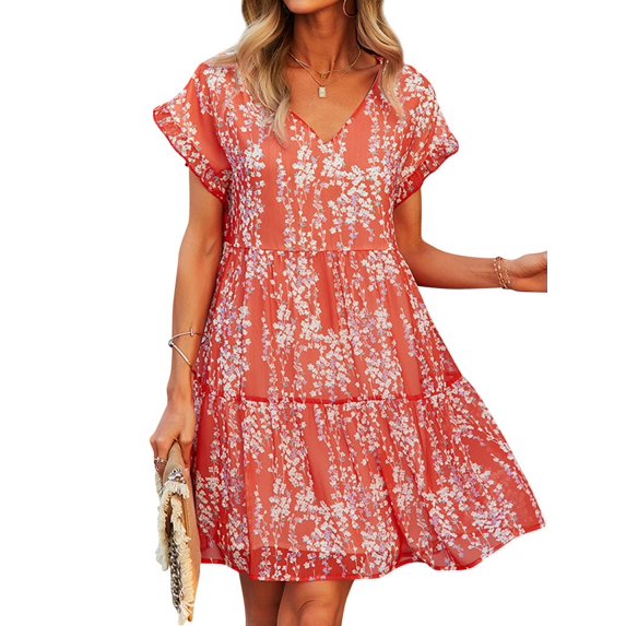 ZXZY Women Floral Printed Ruffled Sleeves V Neck Babydoll Mini Dress