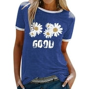 ZXZY Women GOOD Letter Daisy Floral Printed Round Neck Colorblock Top