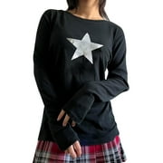 ZXZY Women Girls Y2K Five-Pointed Star Print Crew Neck Long Sleeve Top