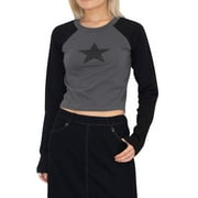 ZXZY Women Girls Y2k Five-Pointed Star Print Crew Neck Long Sleeve Crop Top