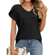 ZXZY Women Jacquard Petal Short Sleeve V Neck T-Shirt Top