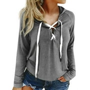 ZXZY Women Lace Up V Neck Long Sleeve Solid Hooded Top