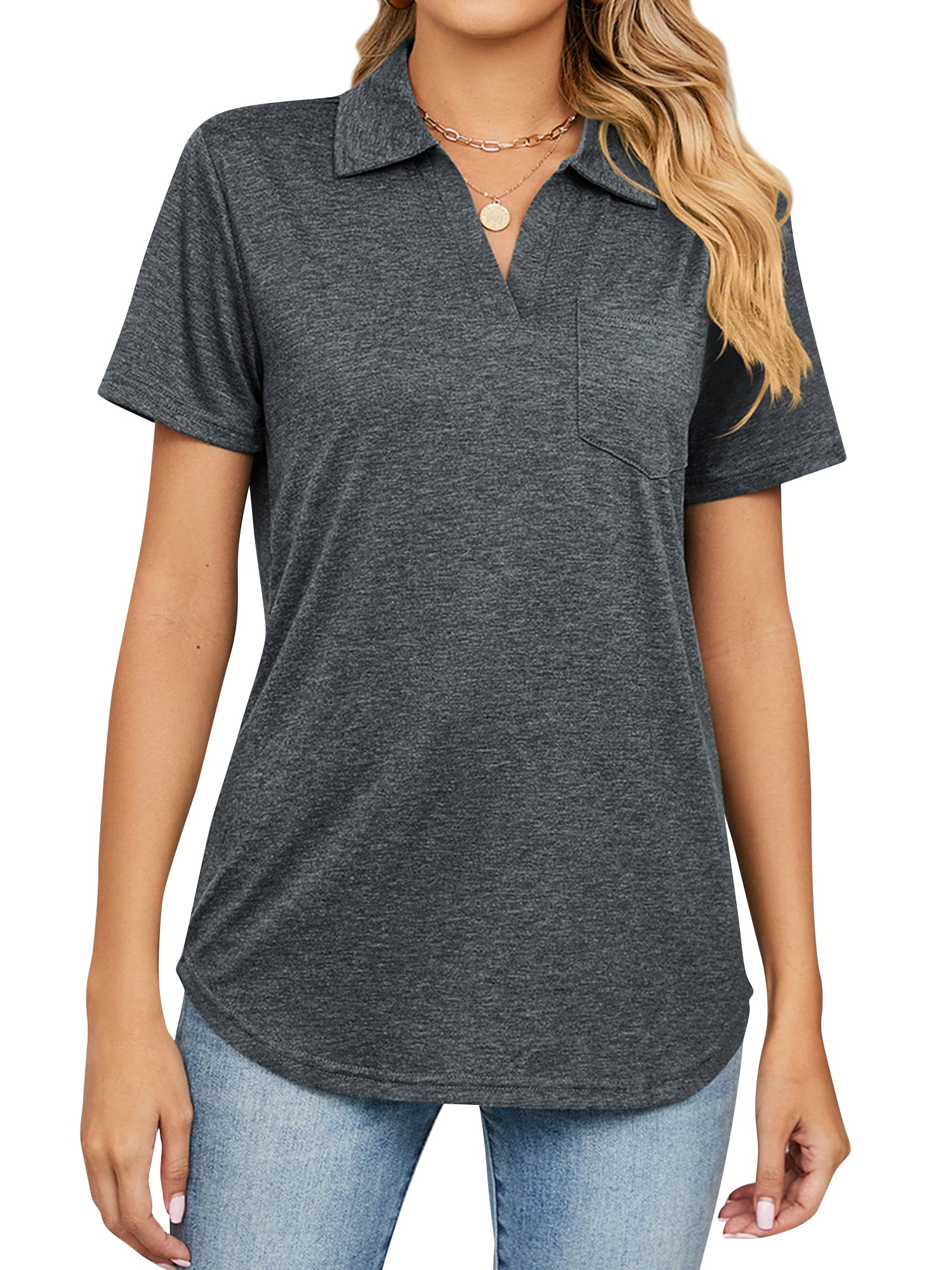 ZXSXSY Women Lapel Collar Short Sleeve Solid Color T-Shirt