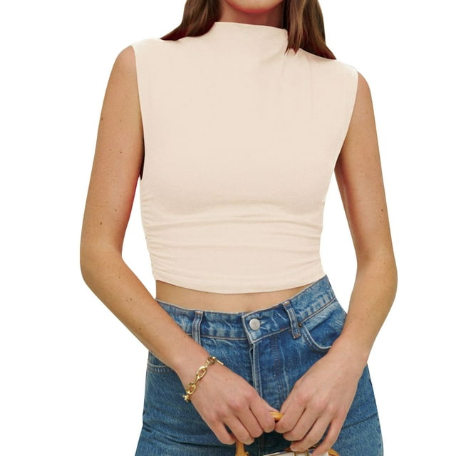 ZXZY Women Mock Neck Shirring Sleeveless Solid Color Cropped Tank Top ...