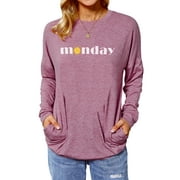 ZXZY Women Monday Pockets Crew Neck Long Sleeves Casual Pullover Shirt