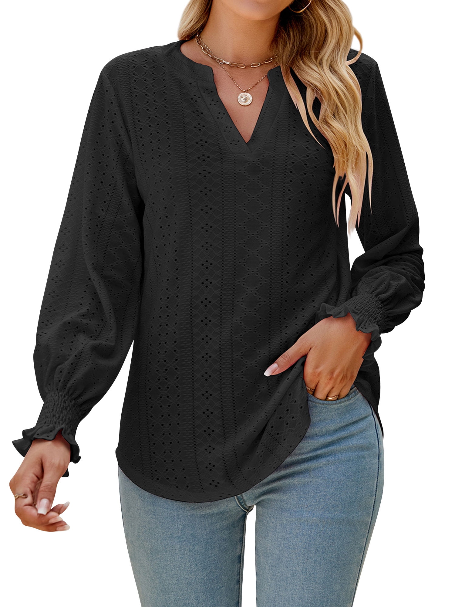 ZXSXSY Women Notch V Neck Ruffle Long Sleeve Solid Color Hollow