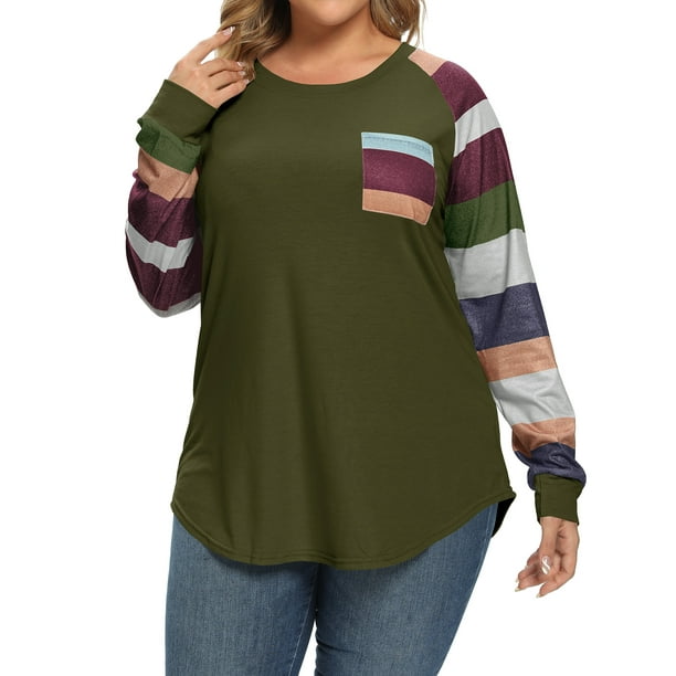 ZXSXSY Women Plus Size Round Neck Long Sleeves Colorblock