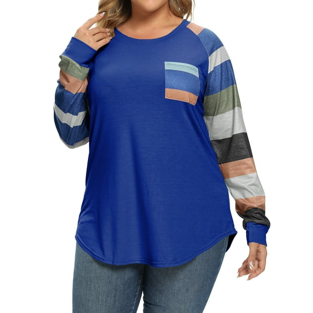 ZXSXSY Women Plus Size Round Neck Long Sleeves Colorblock Tunic Shirt