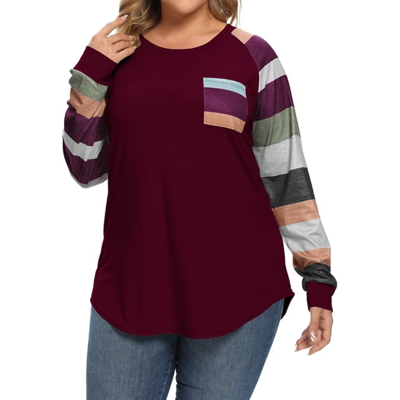 ZXSXSY Women Plus Size Round Neck Long Sleeves Colorblock Tunic Shirt
