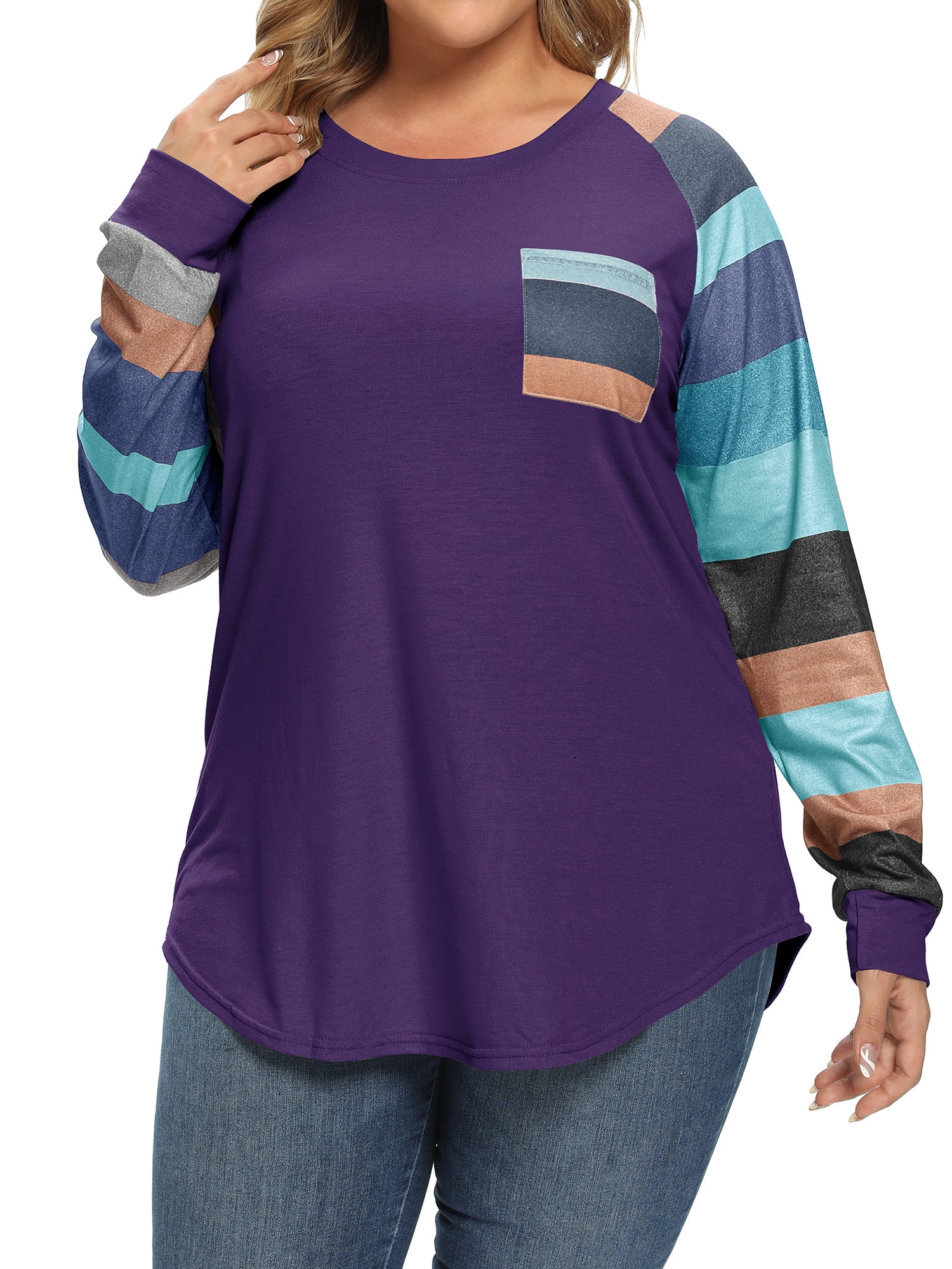 ZXSXSY Women Plus Size Round Neck Long Sleeves Colorblock Tunic Shirt ...
