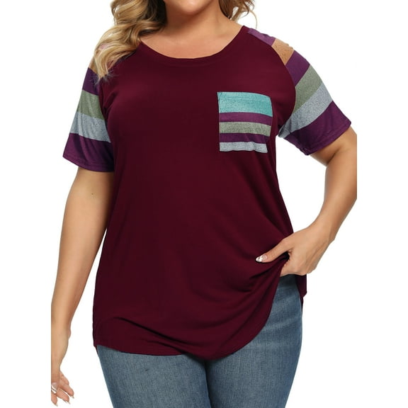 ZXSXSY Women Plus Size Round Neck Short Sleeves Colorblock Tunic Shirt XL-5XL