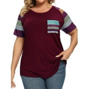 ZX Women Plus Size Round Neck Short Sleeves Colorblock Tunic Shirt XL-5XL