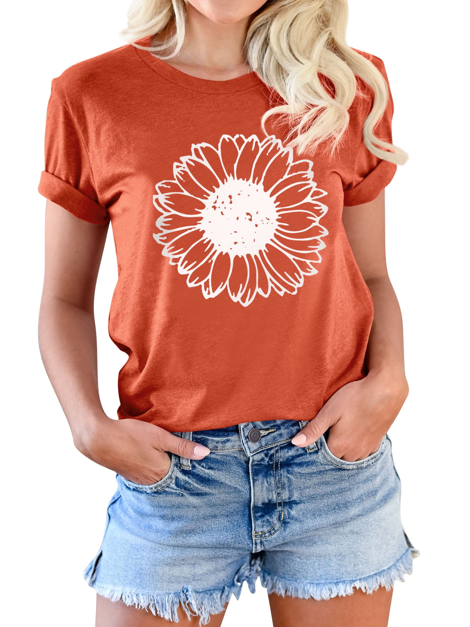 ZXSXSY Women Round Neck Daisy Floral Print Short Sleeve