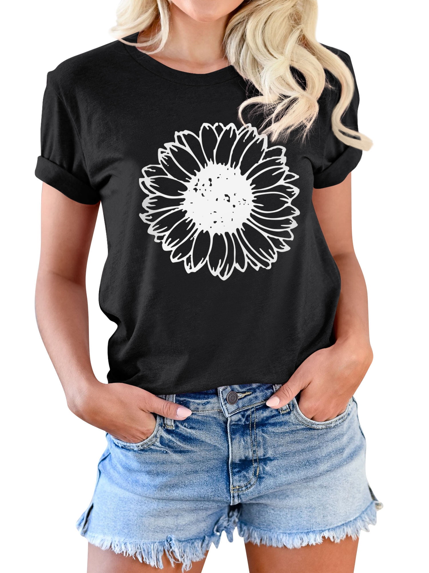 SHEIN Flower Print Round Neck T shirt Women Weekend Casual