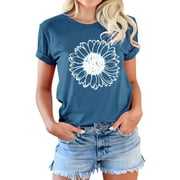 ZXZY Women Round Neck Daisy Floral Print Short Sleeve Summer T-Shirt