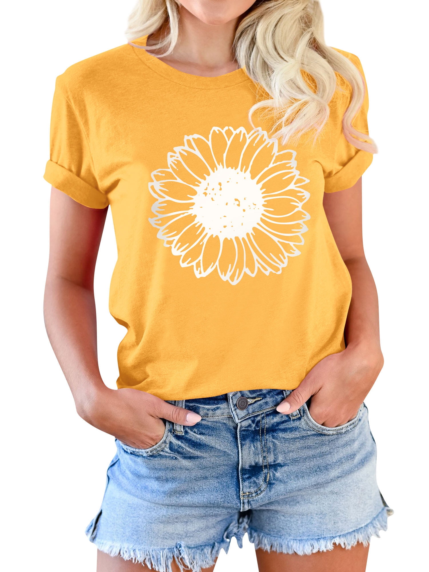 ZXSXSY Women Round Neck Daisy Floral Print Short Sleeve