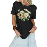 ZXZY Women Round Neck Floral Daisy Print Short Sleeve Garphic Top