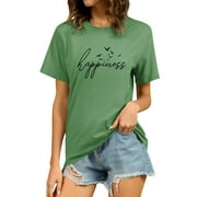 ZXZY Women Round Neck Happiness Letter Print Short Sleeve Graphic Top