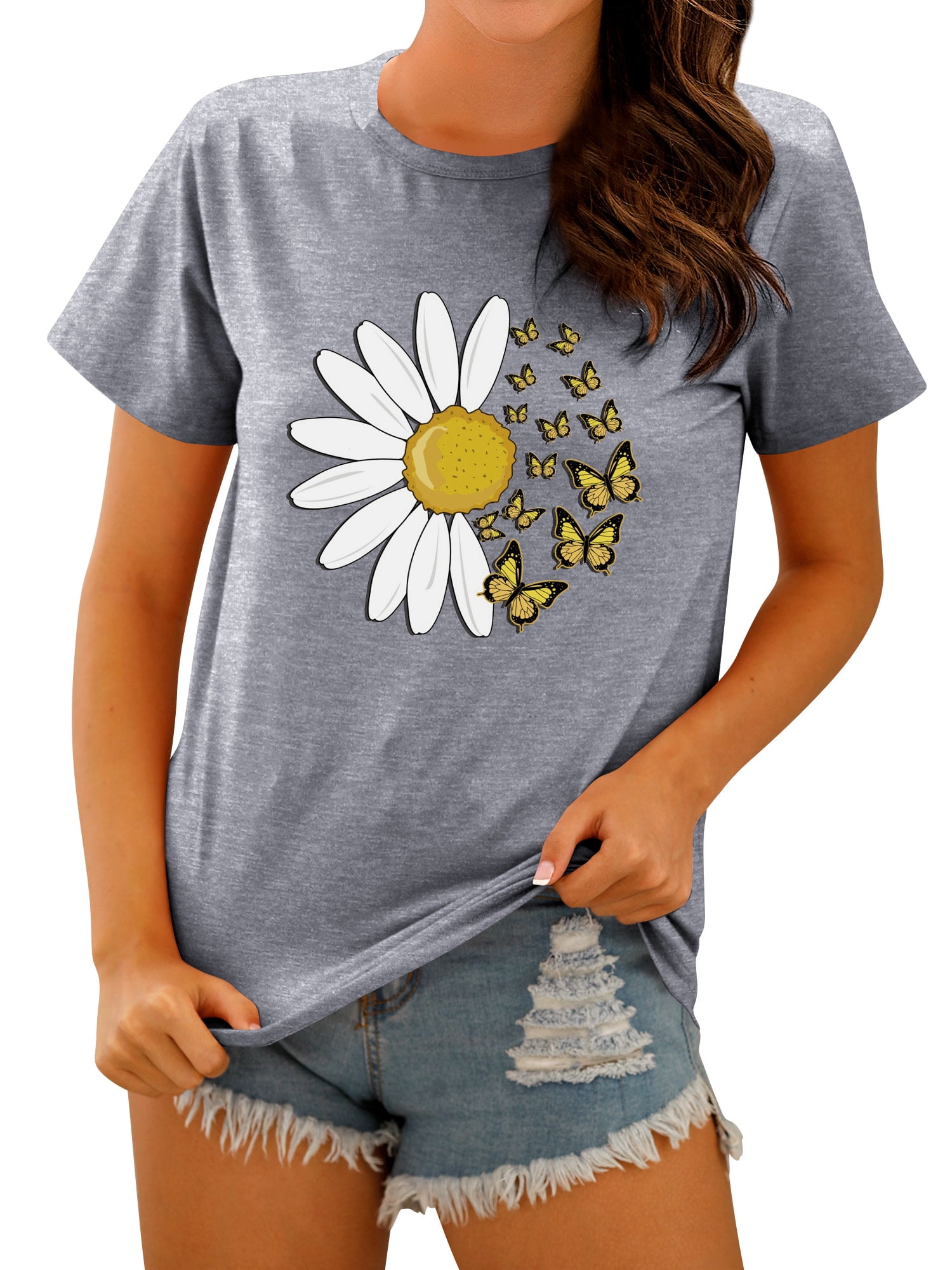 【CPGN STUDIO】Daisy Flower Pigment Short Sleeve T-shirt ZXSXSY Women Short Sleeve Crew Neck Daisy Print Tee Shirt