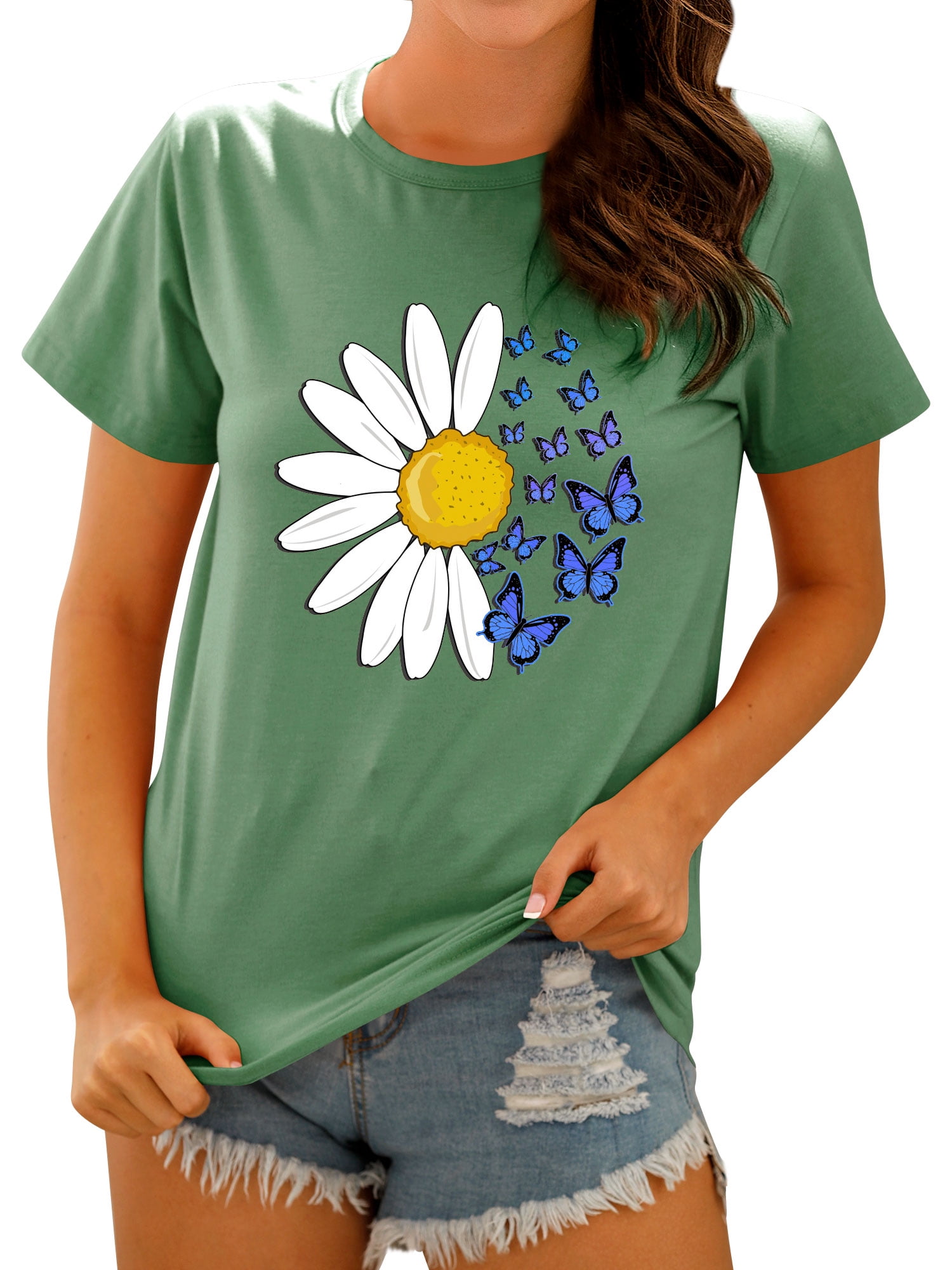 TRIPSHION DAISY PIN グラフィック Tシャツ 8colors ZXSXSY Women Short Sleeve Crew Neck Daisy Print Tee Shirt