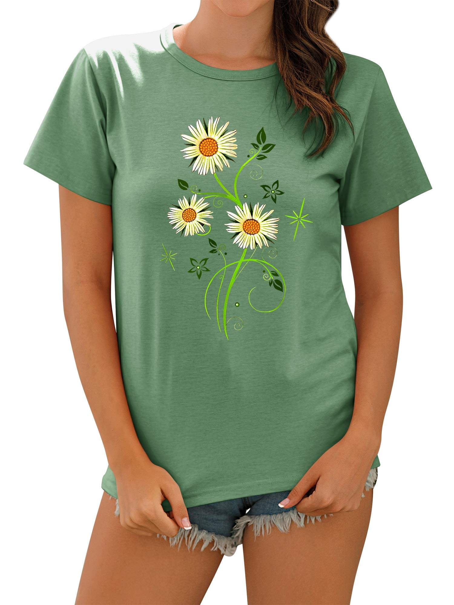 【CPGN STUDIO】Daisy Flower Short Sleeve T-shirt ZXSXSY Women Short Sleeves Daisy Flowers Printed Crew Neck T