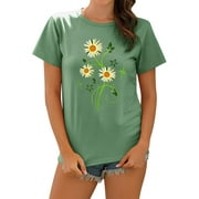 ZXZY Women Short Sleeves Daisy Flowers Printed Crew Neck T-Shirt